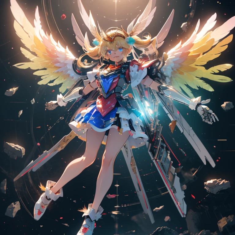 (a bit: 1.2), (masterpiece: 1.4), (Best Quality: 1.4), (She is fused with a Gundam mecha from the future.:1.4), (Very cute angel girl, Ultra detailed face, Jewel-like eyes, White very long hair, Colorful gradient hair: 1.4),Put on head gear, With V-fin ,Mechanical Wings, (whole body:1.5, Two perfect arms, Perfect two legs: 1.4), (Four perfect fingers: ), Light, Shine, Bokeh, Super Fine, Watching the audience,Focus on the eyes　star,Wide viewing angle,Low angle,彗star,milky way,((Archangel　Fantasy　Rainbow Hair　Dye the inside of your hair rainbow colors　Twin tails　Dull blue eyes))　((Has a galaxy　Uniform　Put on a coat without putting your arms through it))　(((Wings many times larger than mine　Rainbow gradient feathers　Glass Feather)))　Pillar of Light　Cyberpunk　Smiling Kindly　Front　Low Angle))　((tears　gloves))　(Broken glass　Rolling Pebble　Distorted Space-Time　star)　Catching the Wind　milky way　Shine背景　Particles of light　Iridescent Edge　Shineエッジ　star,Wide viewing angle,High Position,彗star,milky way,Watching from a distance