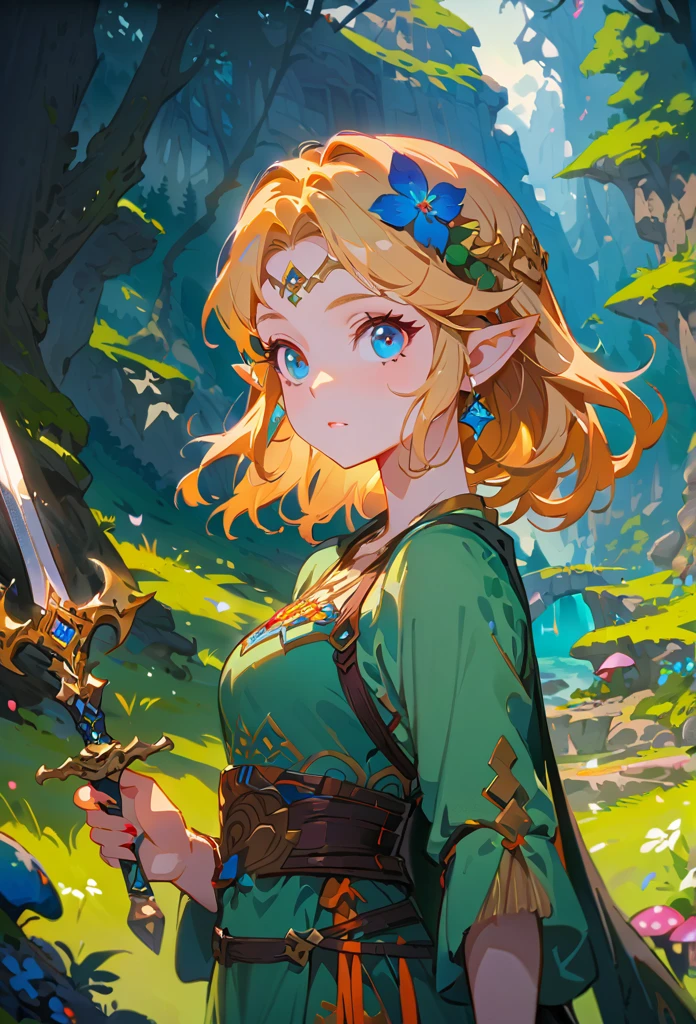 Zelda,A fantasy landscape, a girl with long golden hair, striking blue eyes, detailed facial features, Exquisite makeup,The cutest girl in the world,close_up,(The Legend of Zelda:1.2),wearing a green tunic, holding a sword, walking through a peaceful forest, sunlight filtering through the trees, magical glowing mushrooms, ancient ruins in the background, vibrant colors, cinematic lighting, intricate details, (best quality,4K,8K,highres,masterpiece:1.2),ultra-detailed,fantasy,adventure,concept art