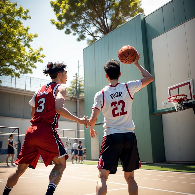 A photograph of a young man standing butt-naked. Pictures of the lively atmosphere taken in,The outdoor basketball court comes alive on clear days. It features an image of a cute Korean teenager with a standing pose. They stand in various poses. with only a boy standing butt-naked on the side. It shows youthful exuberance and mischievous confidence. Their natural nature creates a happy atmosphere. In the background, the stands filled with friends and lively spectators add depth. 