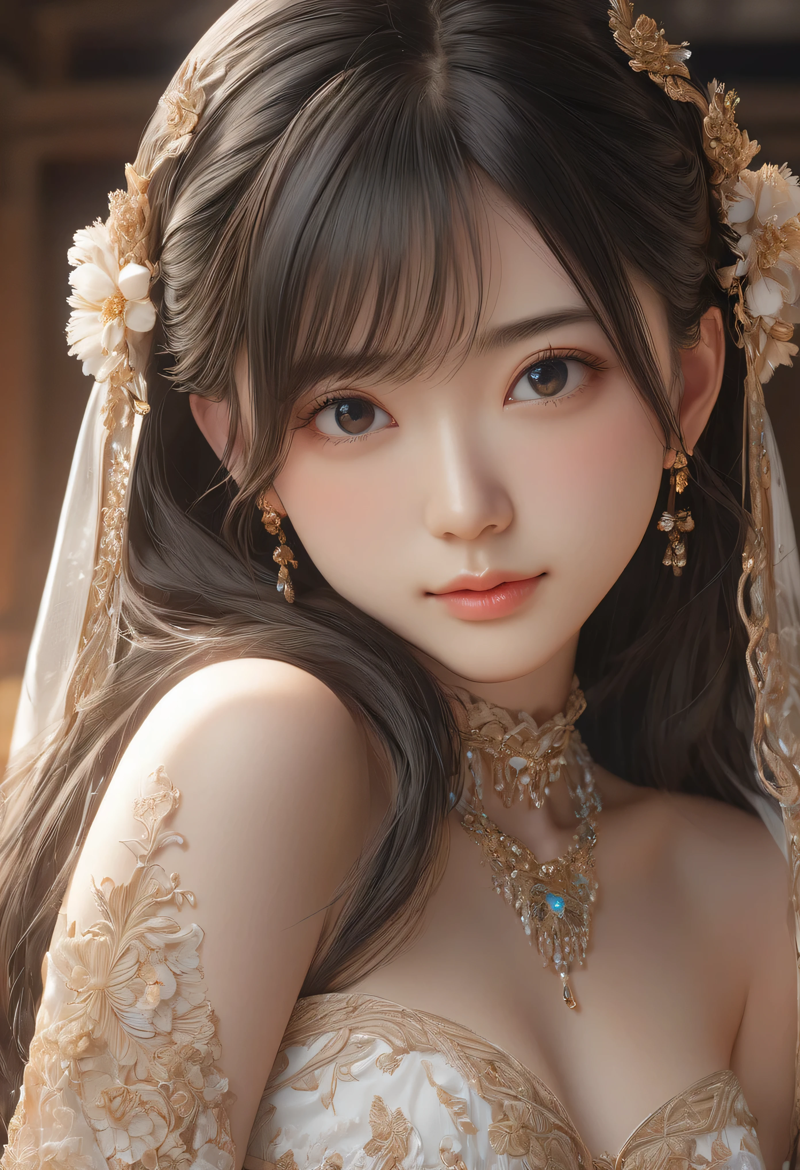 ((best quality)), ((Ultra-high resolution)), ((Practical)), Fine details, Appearance age 19 years old, Black Hair, Perfect face shape, Moderate Makeup:1.5, Facial lighting, Emphasis on details, Long hair, Wear a Chinese wedding dress, Gold headdress, Holding a fan, Bonus points for red wedding dress: 1.3, Gold dress detail. （Cleavage）Full body portrait, Windows, floor, curtain, candela, Show a picture of a distance pose.