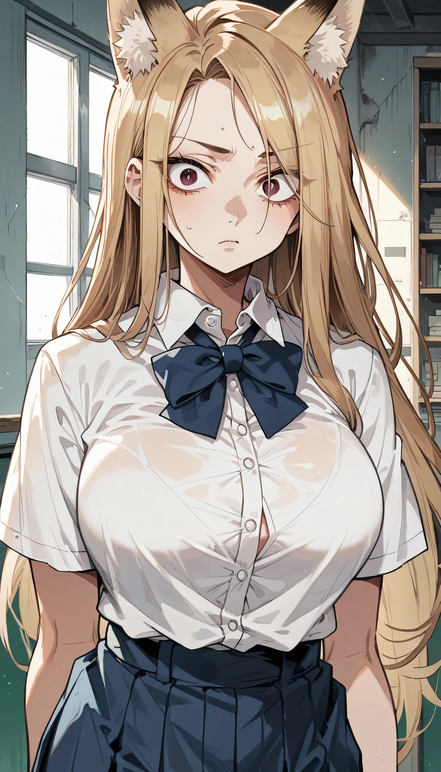 Cold Stare,(hi-quality,high resolution),((Fox Ears)),(((forehead,asymmetrical hair))),((((very turime,long slit eyes)))),(school uniform),(((oblong face))),((big breasts)),(((very narrow eyes)))((Clear Eyes,Perfect Eyes,brown eyes)),((clear lines)),Blonde,Long Hair,Old room,Delinquent Girl,gal, clothes are exposed,((anime)),((cowboy shot)),from front