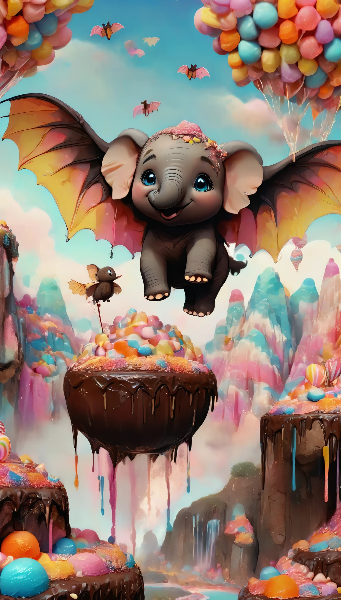 a cartoon elephant with bat wings, flying over colorful candy mountains, chocolate waterfalls, dreamy fantasy landscape, 1girl, beautiful detailed eyes, beautiful detailed lips, extremely detailed face, longeyelashes, pastel colors, soft lighting, whimsical, fairytale, (best quality,4k,8k,highres,masterpiece:1.2),ultra-detailed,(realistic,photorealistic,photo-realistic:1.37),vibrant colors, magical, fantasy art