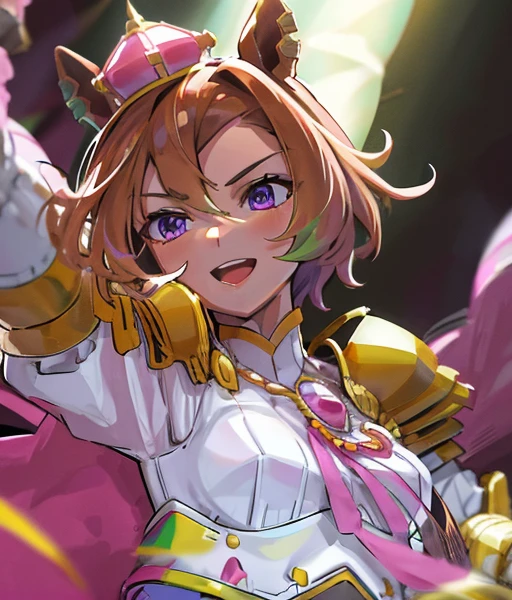 sfw,masterpiece, best quality, ultra detailed, extremely delicate and beautiful, 4K, 8k),1girl,upper body,crossed arms,light smile,open mouth,shy,beautiful detailed eyes,purple eyes,multicolored eyes,((Horse's ear)), human earles,short hair,medium small breast,(masterpiece),mini crown, ear piercing, white shirt, shoulder armor, pink cape, brooch, puffy long sleeves, jewelry, fingerless gloves, single glove, white gloves, multiple rings, corset, white skirt, pink skirt, two-tone skirt, pleated skirt, white thighhighs, zettai ryouiki, high heel boots, yellow footwear,beautiful face,beautifulgirl,smile,backlit, gold background, head tilt, smirk, parted lips, bright background, lawn,from front,
There is a golden horse🐎　Riding a golden horse🐴　It&#39;s autumn and the leaves are blowing wildly.🍁　Riding a blonde thoroughbred🐎
