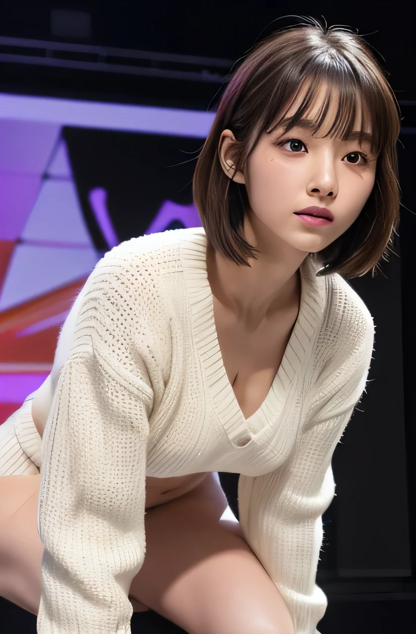 a K-pop idol wearing a turtleneck sweater,
(((masterpiece))), ((highest quality)), ((Intricate and detailed)), ((Surreal)), Absurd resolution, , Mature Woman, perspective, Very detailed, figure, One girl, ((Large Breasts)), Perfect hands, Detailed fingers, Beautiful fine details, short hair, Brown eyes,(turtleneck:1.2), Tight Skirt, Detailed Background, choker, Perfect Eyes, Seductive eyes, Looking at the audience, from the front、((Sexy panties in full view:1.05))、((Spread your legs wide:1.45))