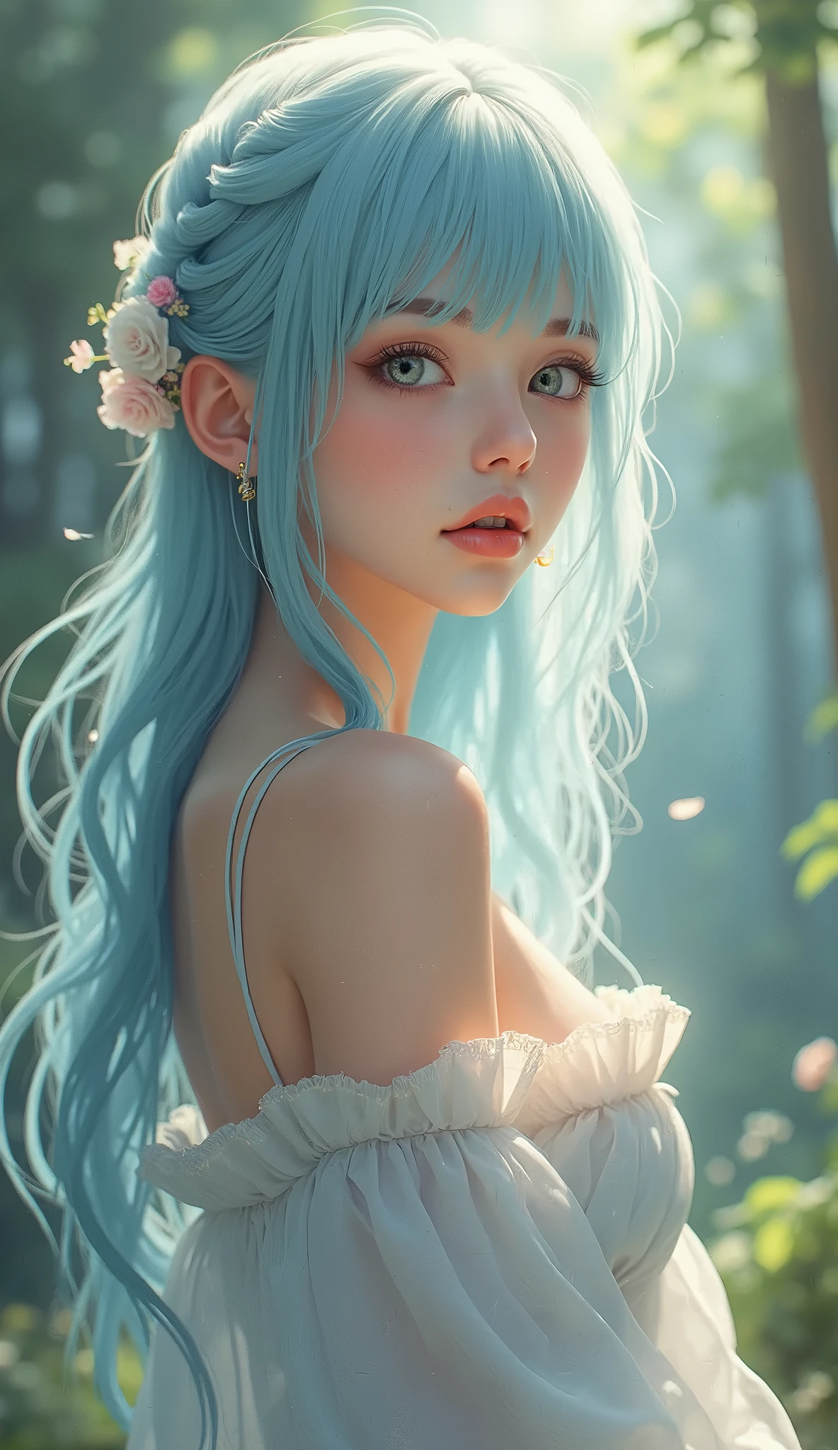 Dragon Ball Z,Bloomer,Light blue hair color,Beautiful Hair,Shortcuts,beautifully arranged bangs,Pale blue eyes,White skin,Photorealistic,Ultra HD,high quality,masterpiece,Digital SLR,Detailed details,Intricate details,Anatomical basis,Depicted in detail,A detailed face,Realistic skin texture,Vivid details,Perfect Anatomy,Perfect Anatomy,Anatomically correct hand,Anatomically correct fingers,Super Detail,Complex 3D rendering,Sexy pose,Beautiful morning glory(flower),Rainy Sky,Beautiful scenery,Fantastic rainy sky,Picturesque,Pink Lips,smile,Fantastic butterflies々,