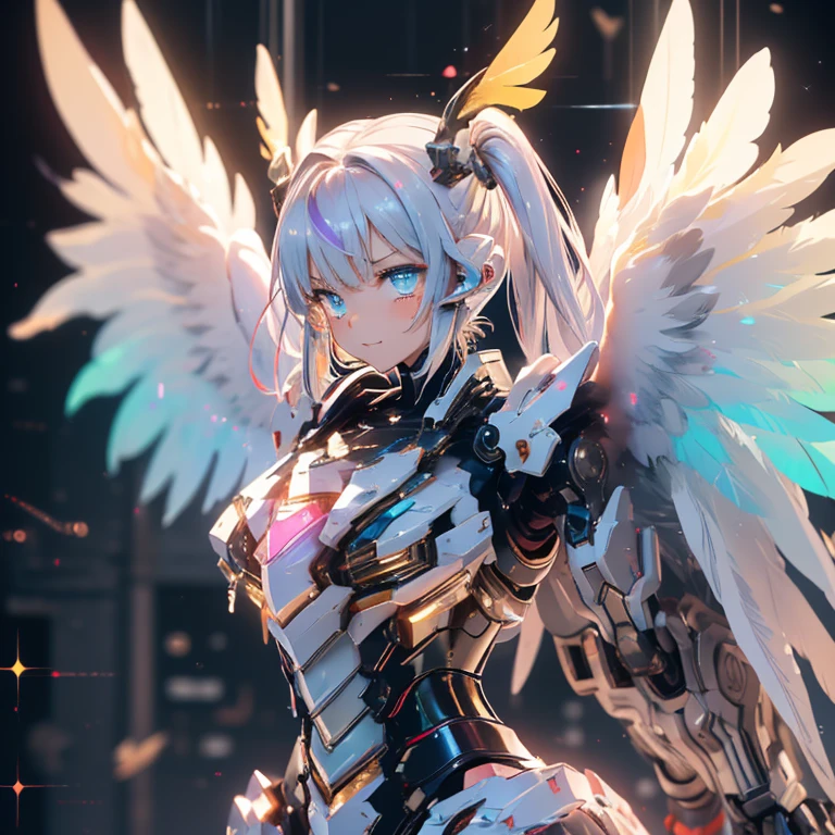 (a bit: 1.2), (masterpiece: 1.4), (Best Quality: 1.4), (She is fused with a Gundam mecha from the future.:1.4), (Very cute angel girl, Ultra detailed face, Jewel-like eyes, White very long hair, Colorful gradient hair: 1.4),Put on head gear, With V-fin ,Mechanical Wings, (whole body:1.5, Two perfect arms, Perfect two legs: 1.4), (Four perfect fingers: ), Light, Shine, Bokeh, Super Fine, Watching the audience,Focus on the eyes　star,Wide viewing angle,Low angle,彗star,milky way,((Archangel　Fantasy　Rainbow Hair　Dye the inside of your hair rainbow colors　Twin tails　Dull blue eyes))　((Has a galaxy　Uniform　Put on a coat without putting your arms through it))　(((Wings many times larger than mine　Rainbow gradient feathers　Glass Feather)))　Pillar of Light　Cyberpunk　Smiling Kindly　Front　Low Angle))　((tears　gloves))　(Broken glass　Rolling Pebble　Distorted Space-Time　star)　Catching the Wind　milky way　Shine背景　Particles of light　Iridescent Edge　Shineエッジ　star,Wide viewing angle,High Position,彗star,milky way,Watching from a distance