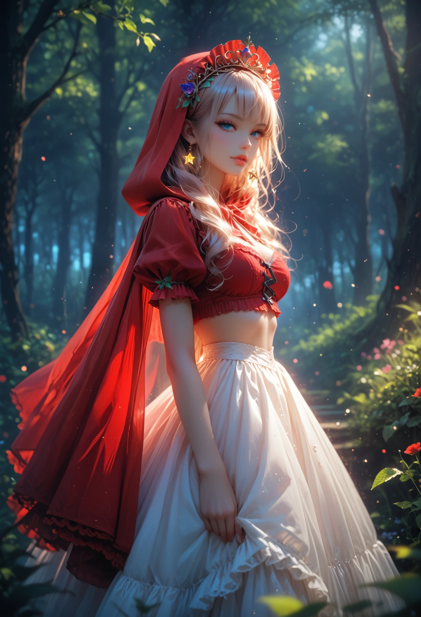 чрезвычайно детализированные CG Unity 8k, velvet, Full-length Little Red Riding Hood on a Walk in the Forest,  statuette, Little Red Riding Hood, The Complete Picture of the Fairy Tale, crop top, star headdress, puffy sleeves, lips, Head rotation, black background,cinematic film still,score_9,score_8_up,score_7_up,masterpiece,best quality,8k, full height, masterpiece, Maximum Detail,