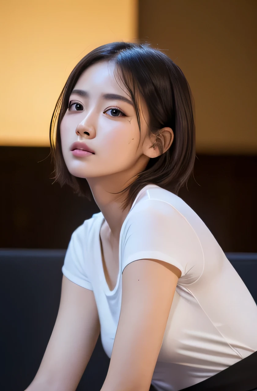 (8K)、ultra-detailliert、(Highest Details Skins:1.2)、top-quality、​masterpiece、超A high resolution:1.2)、Professional lighting、japanes、thin makeup、18year old、1 girl in、(very small breast)、(realisitic:1.4)、(top-quality:1.0)、(超A high resolution:1.0)、(((Loose-fitting t-shirt)))、((The entire chest is visible))、((The chest is in focus))、short-cut、Realistic skin type