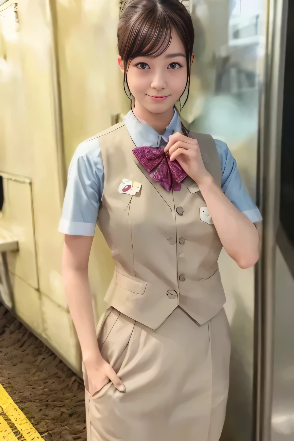 (masterpiece:1.2, Best Quality:1.2), 32K HDR, High resolution, (Alone、1 girl)、（On the roof of a building during the day、Professional Lighting）、Building rooftop background、（Real style of JR Woman wearing train crew uniform beige）、（（JR Female Train Crew Uniform Beige Light Blue Blouse Short Sleeve 、 Knee-length culottes skirt、Beige vest、scarf））、Dark brown hair、（Long Hair、Hair tied up、Hair tied up）、Dark brown hair、Long Shot、Big Breasts、Thin legs、（（Great hands：2.0）），（（Harmonious body proportions：1.5）），（（Normal limbs：2.0）），（（Normal finger：2.0）），（（Delicate eyes：2.0）），（（Normal eyes：2.0））)、smile、（JR Woman Train crew uniform beigeのKnee-length culottes skirtを見せた美しい立ち姿）、Hands down