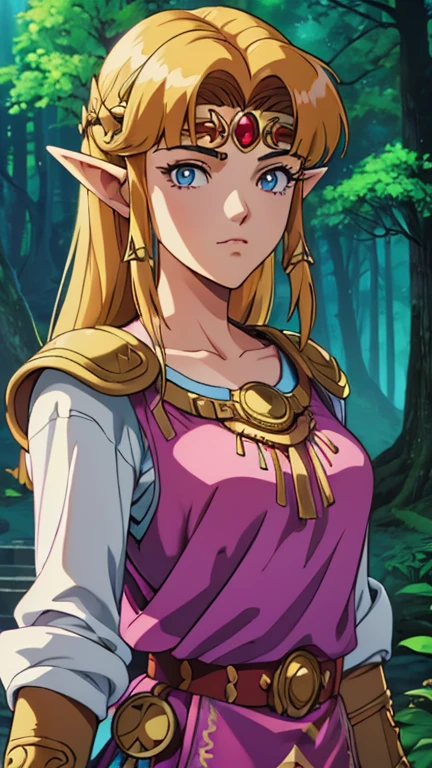 (1girl, solo, zelda-albw), (extremely detailed CG unit 8k wallpaper),(master part), (best quality), (ultra detail), (best illustration),(90's anime style), cowboy shot, (Sharp eyeliner, ombre, detailed eyes:1), forest, outdoors background, ,break, upper body, 