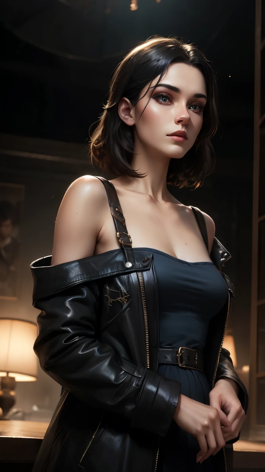 ( Ann Voskamp: 1.2), 1girl, Perfect female body,(Smooth, delicate and reflective skin), breasts, solo, (cleavage),  large breasts, blue eyes, bare shoulders, parted lips,( closed mouth:1.3), 
( dark makeup:1.1),( black eyeshadow:1.2),  ( short hair, center part), ( bob cut), no bangs, dark hair, (angled cut bob, chin length hair :1.2),
(sheath dress:1.2), (Camel coat:1.2), (clothing cutout:0.8),  modest clothing, tight brown pants, (beautiful face),(upturned small chest:1.1),bust line,
Fashion accessories, (looking at viewer:1.3),[light smile|blush], spectacle, detailed background,(street style wear:1.2), (various angles:1.2), (head shot:1.4),

astonishment, soft skin, d&d, trending on artstation, intricate details, highly detailed, pencil drawing, sketching, unreal engine, greg rutkowski, oil painting, heavy strokes, paint dripping,dreamlikeart,
(masterpiece:1.5),( best quality:1.5),( highest quality:1.5), cinematic lighting, (volumetric lighting), extremely detailed CG unity 8k wallpaper, ultra realistic, photorealistic, sharp focus,  (HDR:1.2), (high contrast), (detailed and intricate:1.5), instagram, portrait, highly detailed, digital painting, artstation, concept art, smooth, illustration, vibrant,