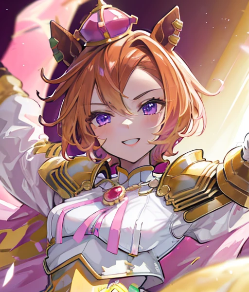 sfw,masterpiece, best quality, ultra detailed, extremely delicate and beautiful, 4K, 8k),1girl,upper body,crossed arms,light smile,open mouth,shy,beautiful detailed eyes,purple eyes,multicolored eyes,((Horse's ear)), human earles,short hair,medium small breast,(masterpiece),mini crown, ear piercing, white shirt, shoulder armor, pink cape, brooch, puffy long sleeves, jewelry, fingerless gloves, single glove, white gloves, multiple rings, corset, white skirt, pink skirt, two-tone skirt, pleated skirt, white thighhighs, zettai ryouiki, high heel boots, yellow footwear,beautiful face,beautifulgirl,smile,backlit, gold background, head tilt, smirk, parted lips, bright background, lawn,from front,
Riding a chestnut horse🐎　There is a golden horse🐎　Riding a golden horse🐴　It&#39;s autumn and the leaves are blowing wildly.🍁　Riding a blonde thoroughbred🐎
