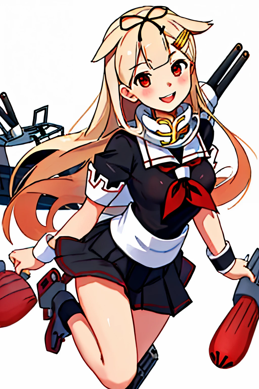 Top quality masterpiece high resolution, 1 girl,  (Yuudachi Kai Ni 　Kantai Collection:1.15), Long Hair, blonde, Red eyes, ribbon,smile, Black Sailor Suit, Pleated skirt, Slender body, Full body portrait,White background