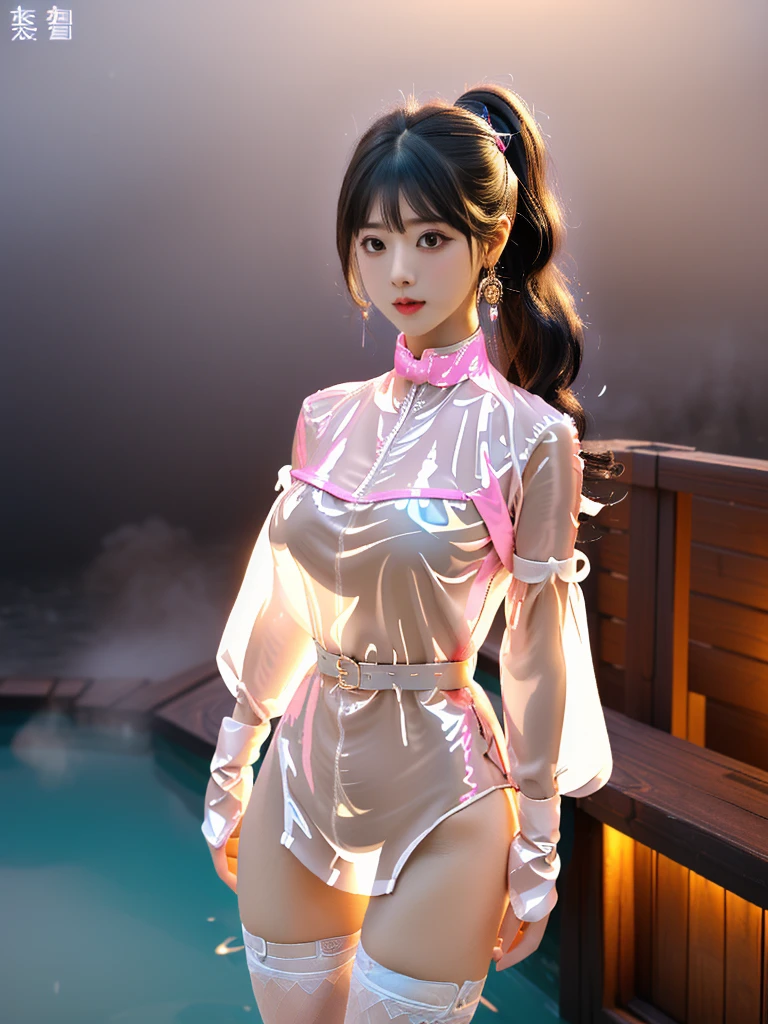 ((A woman)), 美丽脸庞的Sexy中国华裔女明星, Wearing white strappy underwear, Wearing pink transparent clothes, (((Light theme, Exposing the subject, Sexy主题)))
((Transparent latex clothing: 1.5), (Revealing clothes: 1.5),  (Wet clothes:1.0), (Color of clothes: Pink), ((Wearing transparent clothing)))
(((night, Private hot spring, Surrounded by fog, Dense bamboo forest, Standing in the water, Snow Scene))),
((desktop:1.0), (Highest quality:1.0), (high resolution:1.2), (Reality:1.0))
((8K Ultra HD, 8K, 超high resolution, Best quality, Super Fine, Clear focus. Masterpieces, complete pattern, Ultra HD, Detailed photos, Best image quality，Ultra-clear，Delicate facial features，Well-defined, Highly rated works, Close-up depth of field photography, Above the knee, Symmetrical character)), 
((Creating the image of a real girl), Realistic shadows, Soft lighting, Dynamic Angle, Dynamic poses, Elegant Posture, Cowboy lens, Full body front view, Be confident, Facing the camera, Eyes looking towards camera lens, Standing posture, Open your legs slightly, Golden Ratio Graphics, Minimalism, Center the character), 
( Smile, Sexy的, Balanced Eyes, Realistic eyes, Beautiful details of the eyes,Pretty Face, (Realistic face), Normal facial features, Realistic skin, Pay attention to skin details, Skin is clean and radiant, Whitening, Anatomically correct body, Golden ratio figure, Sexy的身材), 
(Perfect makeup, Gloves, earrings</input></xml>, bracelet, necklace, Jewelry, Hair accessories, shawl, sock, Knee socks, 吊garter, Leg ring, garter, 腿部garter), 
((beautiful hair), Dark black hair, Wavy curly hairstyle, Waist-length hair, Messy Hairstyle, Gradient hairstyles, Cyberpunk Hairstyle, High double ponytail hairstyle), 
(Sexy的, Perfect breast shape, Teardrop chest shape, Snow-white breasts, Very detailed breasts, 34C cup), 
(Super high waist, Deep V, Low-cut, Sexy, Flattering, Open crotch, (Clear camel toe, (High fork strangulation))),
(((Clear outline, Clear underwear, 透明Sexy的穿着)))