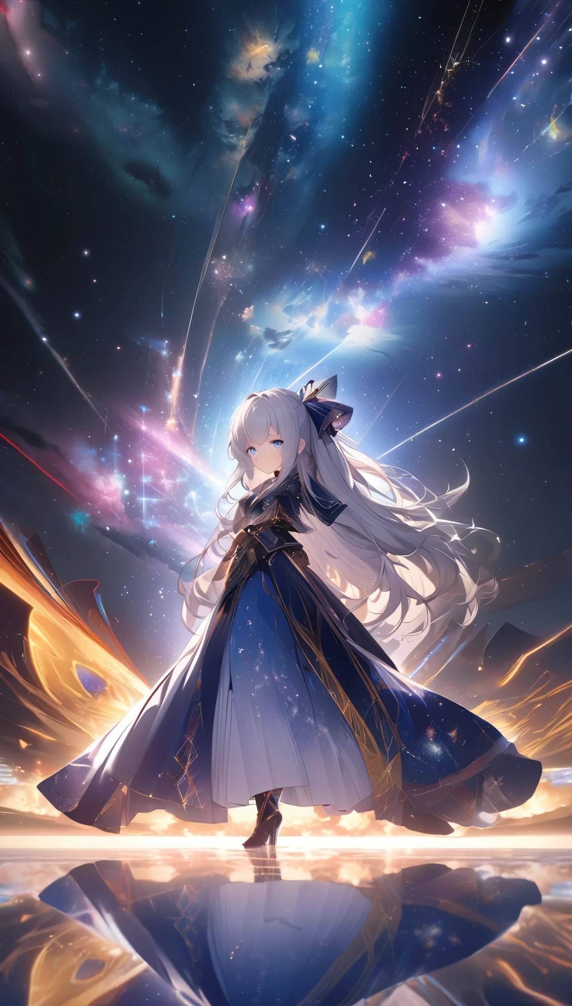 1 girl, long hair, silver hair, hair ribbon, blue eyes,　超透明な層がgod秘的な効果を生み出します, Astrophotography, The pattern of the universe fused with the god story, Elemental Visualization, god々Extremely low sparkle and reflection, Shimmering Powder, Astronomy creates a transcendental aesthetic, The domination of absurd lifeforms that keeps viewers glued to the screen, Creation of a new lighting god, Blake Double Exposure, astrologer&#39;s god status, Sensual expression of a woman god, A natural phenomenon formed by transparent pointillist stardust, godによる極めて透明で秘密めいたパフォーマンス, Aesthetics created by colorful, transparent light, High color rendering transmittance spectrum, Realistic fantasy, Artistic New World, ARW