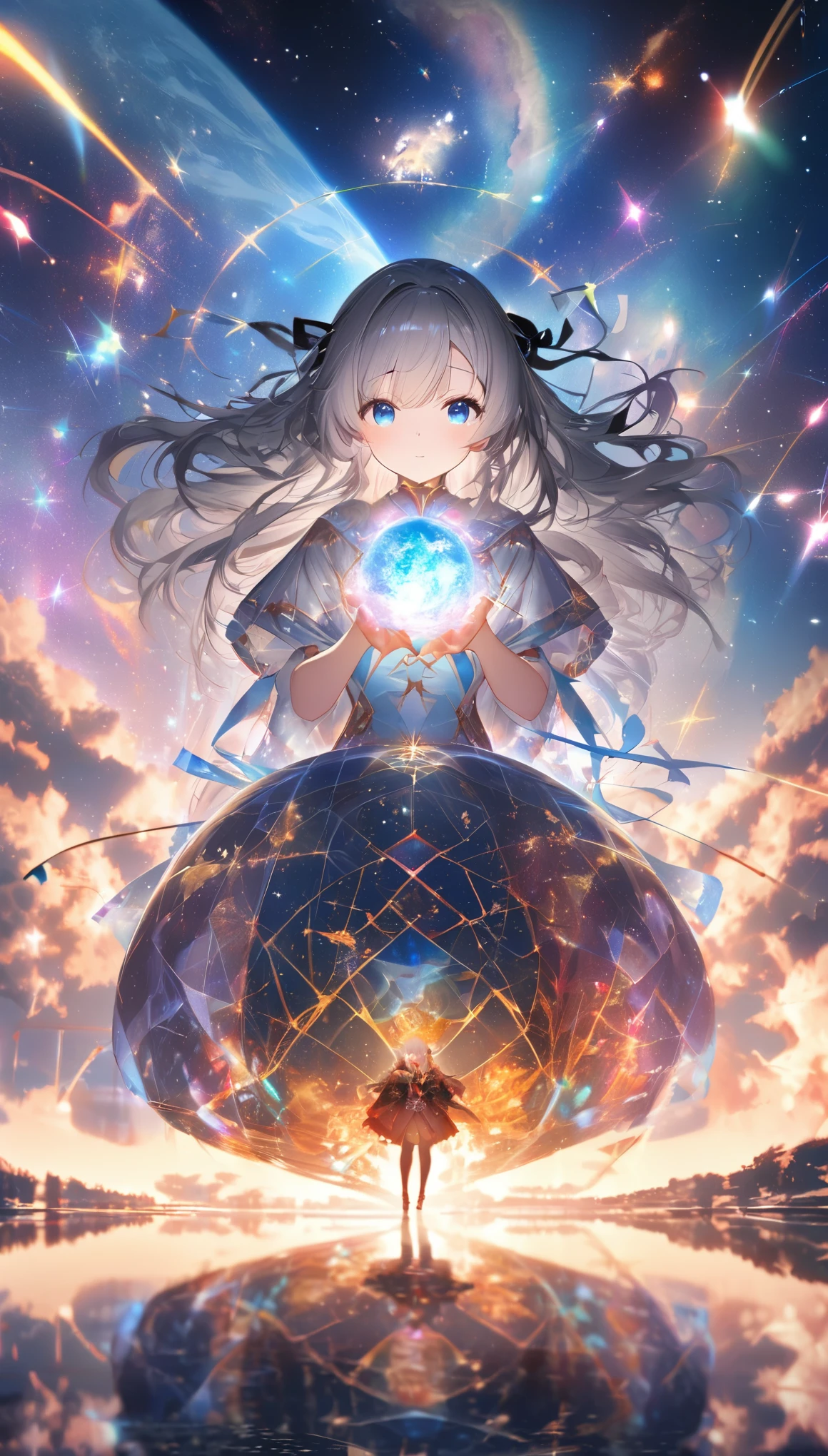 1 girl, long hair, silver hair, hair ribbon, blue eyes,　超透明な層がgod秘的な効果を生み出します, Astrophotography, The pattern of the universe fused with the god story, Elemental Visualization, god々Extremely low sparkle and reflection, Shimmering Powder, Astronomy creates a transcendental aesthetic, The domination of absurd lifeforms that keeps viewers glued to the screen, Creation of a new lighting god, Blake Double Exposure, astrologer&#39;s god status, Sensual expression of a woman god, A natural phenomenon formed by transparent pointillist stardust, godによる極めて透明で秘密めいたパフォーマンス, Aesthetics created by colorful, transparent light, High color rendering transmittance spectrum, Realistic fantasy, Artistic New World, ARW