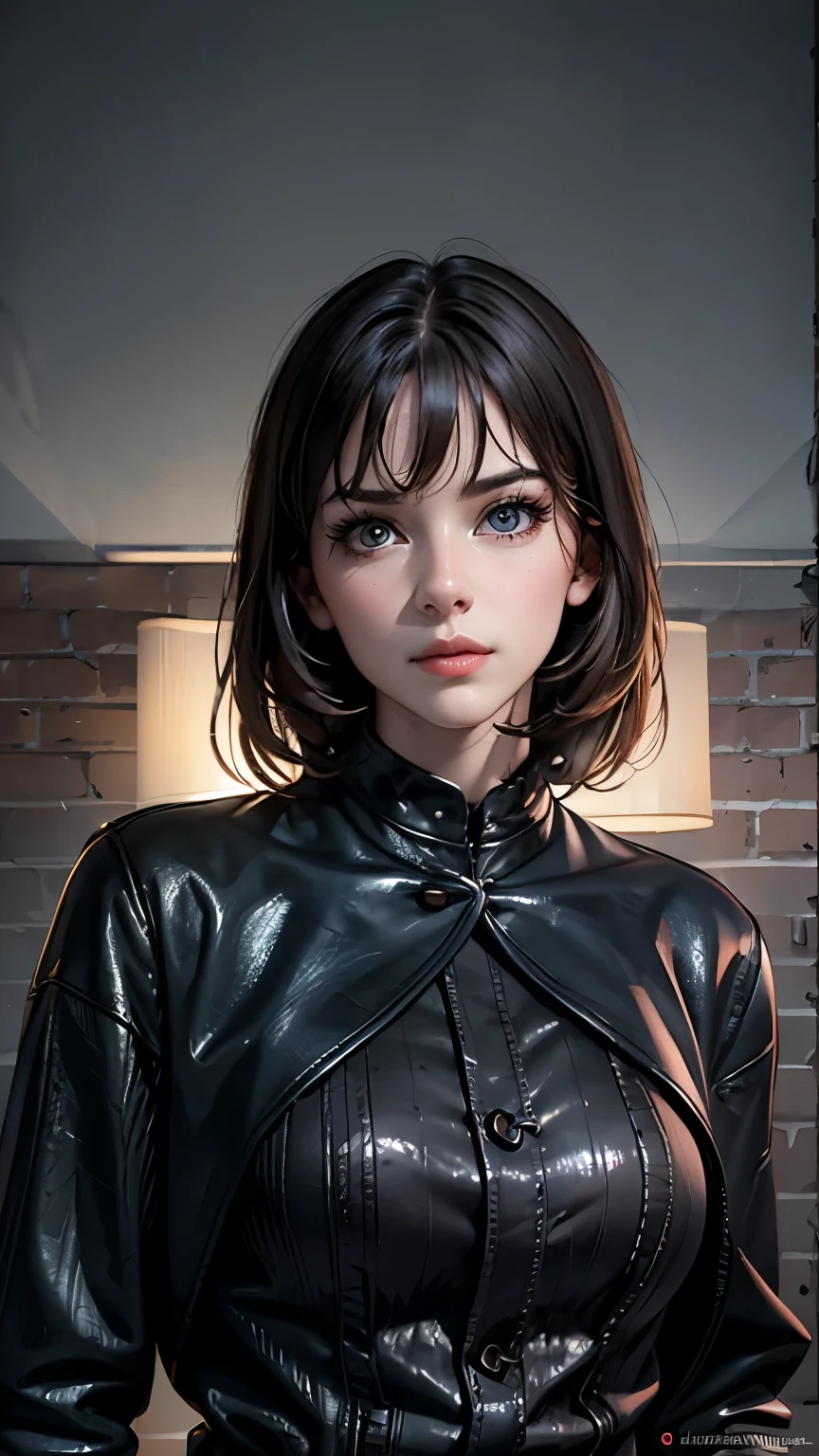 Beautiful girl with realistic black eyes, pale skin, medium length black hair, perfect face, perfect eyes, wearing a coat, very detailed, comprehensive movie, digital painting, 8K, cinematic lighting, highest quality, High resolution, great work, Post-processing, perfect result, surreal,(((revealing clothes))),big breasts