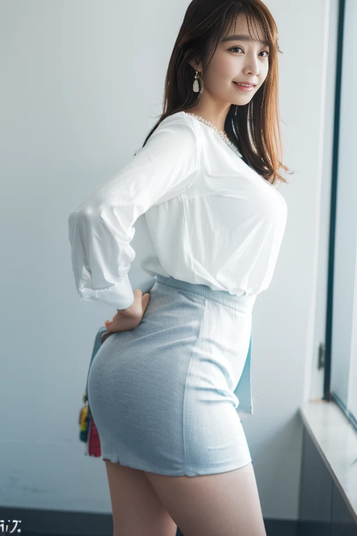 Clothes that emphasize the buttocks、Mermaid Skirt、Big Ass、cute、Beauty、Long Hair、Looking at me、smile、Large Breasts、Well-balanced body、Bodyline、Panty lines、White T-shirt,Light blue skirt、Suzuki Yuuka、Butt sticking out pose、sexy