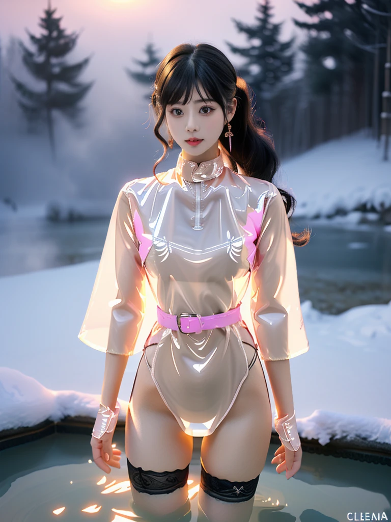 ((A woman)), 美丽脸庞的Sexy中国华裔女明星, Wearing white strappy underwear, Wearing pink transparent clothes, (((Light theme, Exposing the subject, Sexy主题)))
((Transparent latex clothing: 1.5), (Revealing clothes: 1.5),  (Wet clothes:1.0), (Color of clothes: Pink), ((Wearing transparent clothing)))
(((night, Private hot spring, Surrounded by fog, Dense bamboo forest, Standing in the water, Snow Scene))),
((desktop:1.0), (Highest quality:1.0), (high resolution:1.2), (Reality:1.0))
((8K Ultra HD, 8K, 超high resolution, Best quality, Super Fine, Clear focus. Masterpieces, complete pattern, Ultra HD, Detailed photos, Best image quality，Ultra-clear，Delicate facial features，Well-defined, Highly rated works, Close-up depth of field photography, Above the knee, Symmetrical character)), 
((Creating the image of a real girl), Realistic shadows, Soft lighting, Dynamic Angle, Dynamic poses, Elegant Posture, Cowboy lens, Full body front view, Be confident, Facing the camera, Eyes looking towards camera lens, Standing posture, Open your legs slightly, Golden Ratio Graphics, Minimalism, Center the character), 
( Smile, Sexy的, Balanced Eyes, Realistic eyes, Beautiful details of the eyes,Pretty Face, (Realistic face), Normal facial features, Realistic skin, Pay attention to skin details, Skin is clean and radiant, Whitening, Anatomically correct body, Golden ratio figure, Sexy的身材), 
(Perfect makeup, Gloves, earrings</input></xml>, bracelet, necklace, Jewelry, Hair accessories, shawl, sock, Knee socks, 吊garter, Leg ring, garter, 腿部garter), 
((beautiful hair), Dark black hair, Wavy curly hairstyle, Waist-length hair, Messy Hairstyle, Gradient hairstyles, Cyberpunk Hairstyle, High double ponytail hairstyle), 
(Sexy的, Perfect breast shape, Teardrop chest shape, Snow-white breasts, Very detailed breasts, 34C cup), 
(Super high waist, Deep V, Low-cut, Sexy, Flattering, Open crotch, (Clear camel toe, (High fork strangulation))),
(((Clear outline, Clear underwear, 透明Sexy的穿着)))