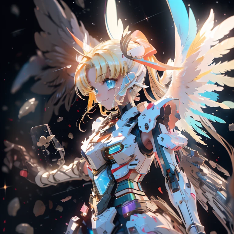 (a bit: 1.2), (masterpiece: 1.4), (Best Quality: 1.4), (She is fused with a Gundam mecha from the future.:1.4), (Very cute angel girl, Ultra detailed face, Jewel-like eyes, White very long hair, Colorful gradient hair: 1.4),Put on head gear, With V-fin ,Mechanical Wings, (whole body:1.5, Two perfect arms, Perfect two legs: 1.4), (Four perfect fingers: ), Light, Shine, Bokeh, Super Fine, Watching the audience,Focus on the eyes　star,Wide viewing angle,Low angle,彗star,milky way,((Archangel　Fantasy　Rainbow Hair　Dye the inside of your hair rainbow colors　Twin tails　Dull blue eyes))　((Has a galaxy　Uniform　Put on a coat without putting your arms through it))　(((Wings many times larger than mine　Rainbow gradient feathers　Glass Feather)))　Pillar of Light　Cyberpunk　Smiling Kindly　Front　Low Angle))　((tears　gloves))　(Broken glass　Rolling Pebble　Distorted Space-Time　star)　Catching the Wind　milky way　Shine背景　Particles of light　Iridescent Edge　Shineエッジ　star,Wide viewing angle,High Position,彗star,milky way,Watching from a distance