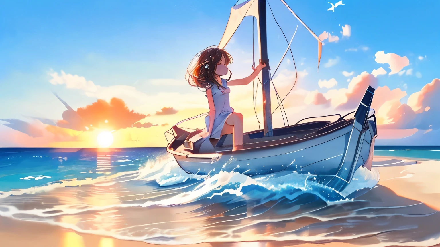 anime girl with dark brown hair lies belly down on a surfboard in the middle of the sea. her boyfriend lies on top of her with his eyes closed. they are both relaxed and enjoying themselves. the whole picture is from a third person, where you can only see their back and how they look into the distance of the sea
