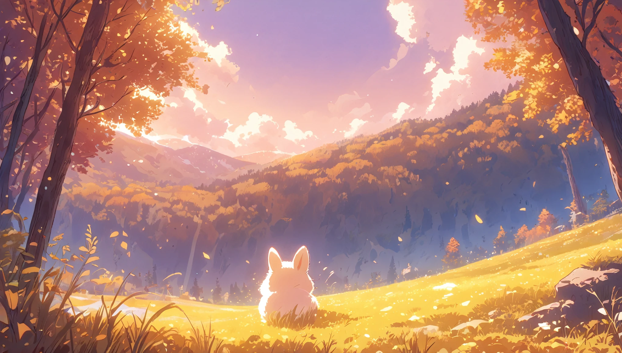 Create a close-up, animated illustration of a fluffy **** bunny sitting in a field . Emphasize the soft fur, big eyes, and twitching nose of the bunny. The background should be a gentle, highlighting the cuteness and innocence of the **** bunny, by makoto shinkai, anime beautiful peace scene, beautiful anime scene, anime background art, anime landscape wallpaper, anime countryside landscape, anime art wallpaper 4 k , anime art wallpaper 4k, beautiful anime scenery, anime art wallpaper 8 k, amazing wallpaper , Ultrawide cozy, Autumn , Fall, Forest