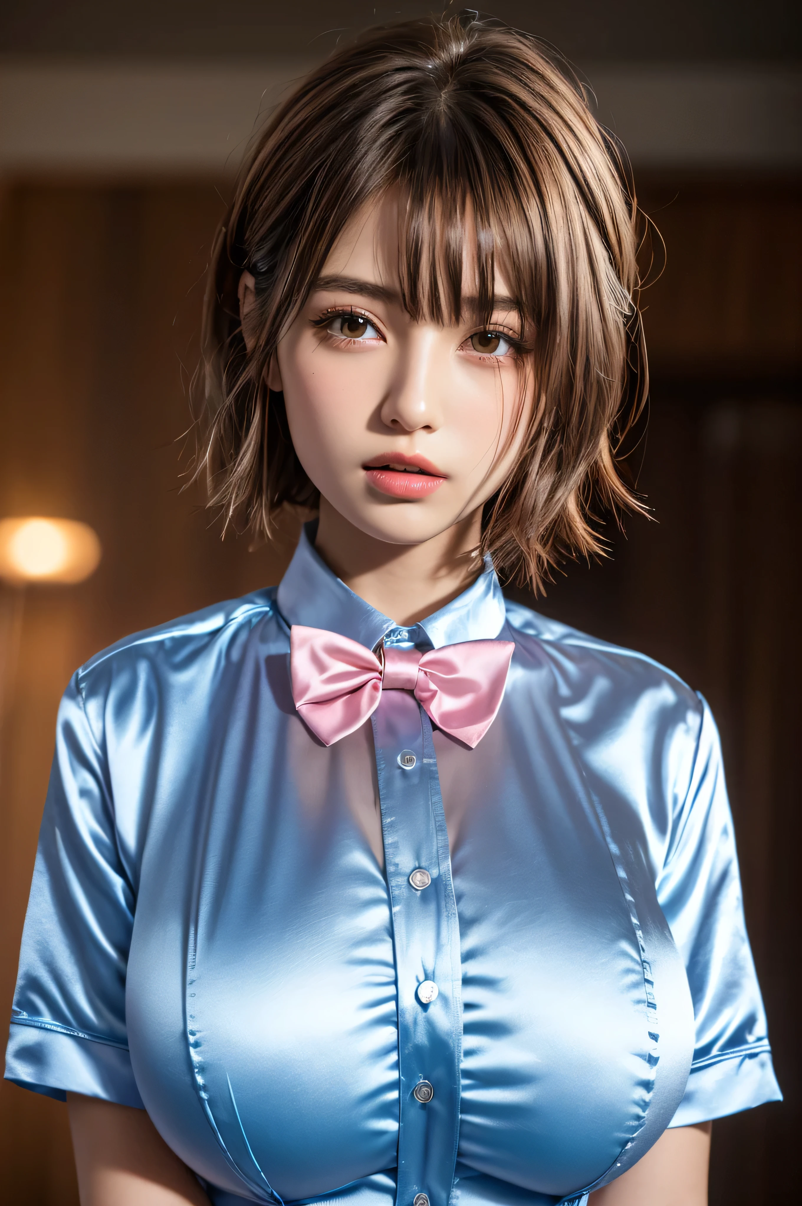 128k Female Models , Huge breasts,  Eyes, ((Random short hairstyles)),  High resolution , Upper body, No background, Studio Lightning , 
((Candy Blue Shiny Metal Satin,   Pink bow tie and bold satin shirt))
randam angle