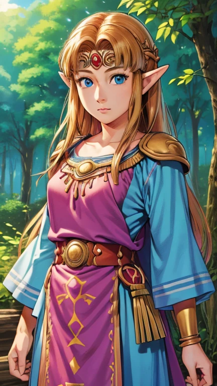 (1girl, solo, zelda-albw), (extremely detailed CG unit 8k wallpaper),(master part), (best quality), (ultra detail), (best illustration),(Tsukasa Hojo), cowboy shot, (Sharp eyeliner, ombre, detailed eyes:1), forest, outdoors background, ,break, upper body, 