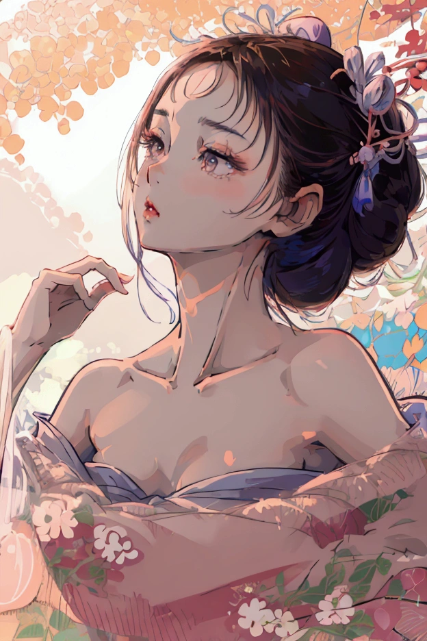 {(masterpiece,best quality, 8K UHD, extremely detailed CG, detailed beautiful face and eyes and skin and hair),(beautiful like picture:1.1)},{light blue backgroundl:1.4},BREAK,{(watercolor image:1.2),sketch,bright colors overall,gentle color},{Simple configuration:1.1},{erotic face,anguish,(painful:1.1),(very very ecstasy:1.2),(writhing:1.4),embarrassing}, BREAK,{solo girl,black hair,braid hair intricately,black glowing eyes},{yukata,(open clothes:1.2)},(Show shoulders:1.4),profile},{Floral}