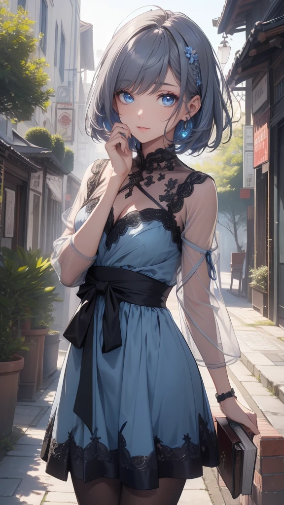 (masterpiece, best quality:1.5), (high resolution 8K), detailed eyes and face, detailed body, 
BREAK (extra short hair:2.0), blunt bangs, black hair, (inner blue color hair:1.2), blue eyes, , flat chest,  
BREAK expressionless, model posing, looking away, 
BREAK loose dress, street, in the city, 
