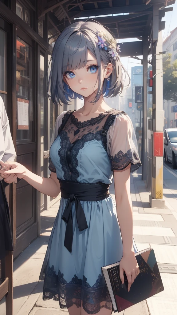 (masterpiece, best quality:1.5), (high resolution 8K), detailed eyes and face, detailed body,
BREAK (extra short hair:2.0), blunt bangs, black hair, (inner blue color hair:1.2), blue eyes, 14 years old, flat chest,
BREAK expressionless, model posing, looking away,
BREAK elegant dress, street, in the city,