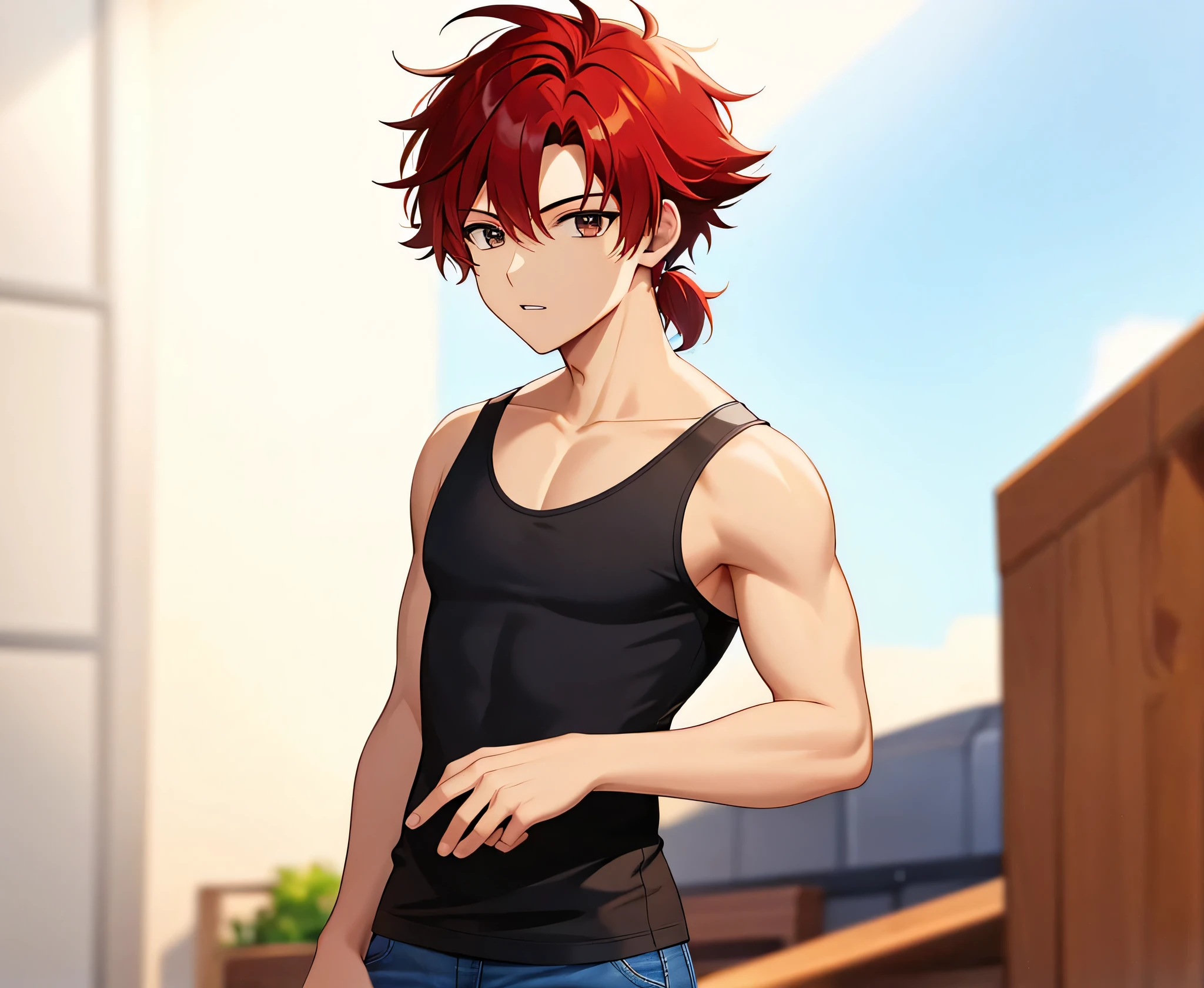 足を組んで床に座っているレッドの髪のAnime Boys, Anime Boys, Anime Styleキャラクター, clothing:Black Tank Top, boy wearing denim shorts, Anime Styleで, Anime Style, Anime Style, Muscular man, Knight of Zodiac Boy, with short red hair standing on end,, In anime style, Masculine and muscular, Skin tight tank top, Bare Arms, Bare shoulders,