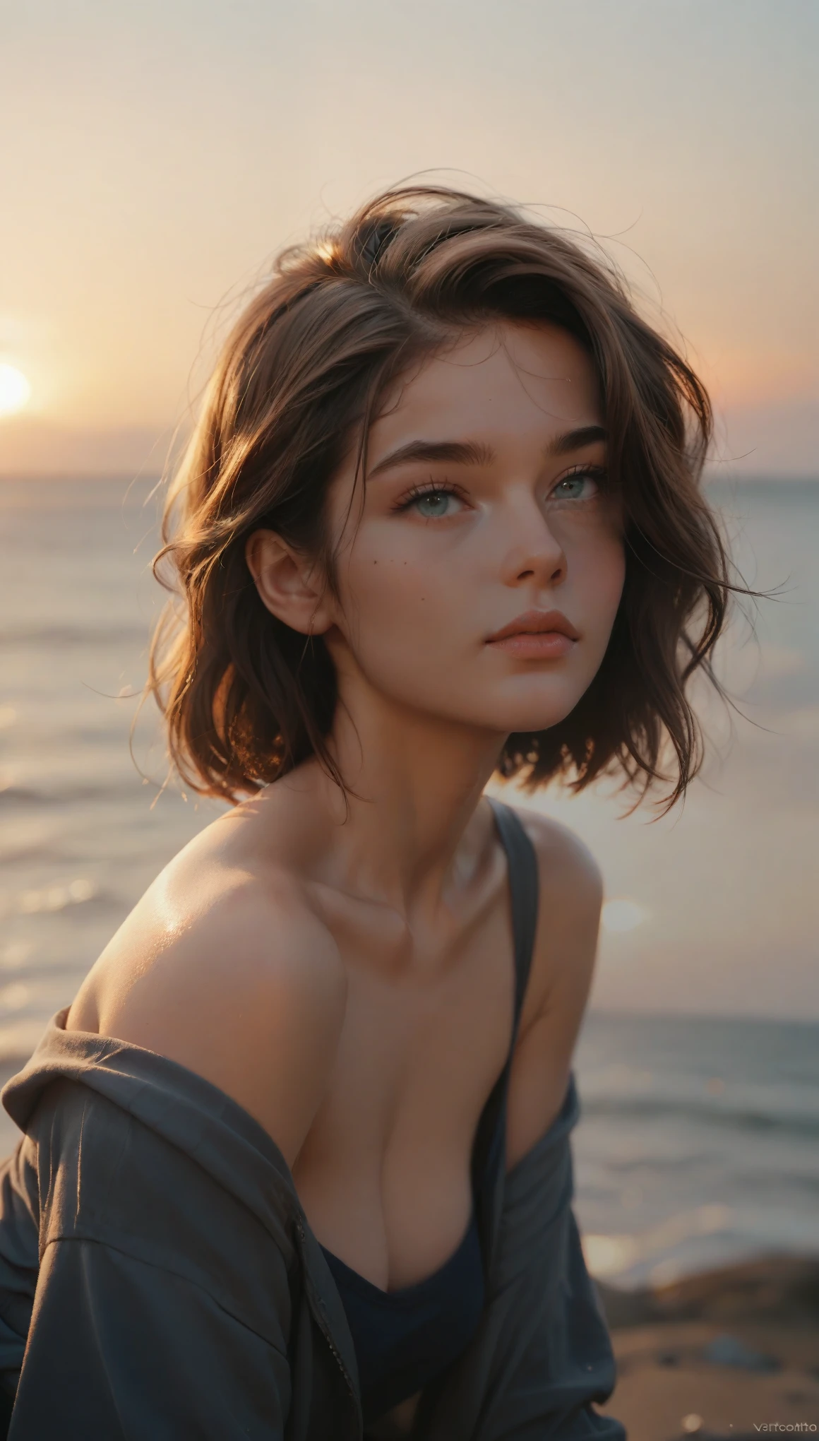 Front-down bob hairstyle, beautiful woman, Sunset, coast