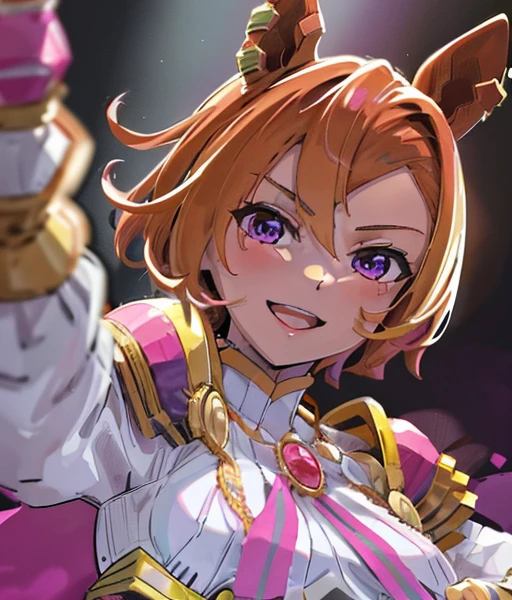 sfw,masterpiece, best quality, ultra detailed, extremely delicate and beautiful, 4K, 8k),1girl,upper body,crossed arms,light smile,open mouth,shy,beautiful detailed eyes,purple eyes,multicolored eyes,((Horse's ear)), human earles,short hair,medium small breast,(masterpiece),mini crown, ear piercing, white shirt, shoulder armor, pink cape, brooch, puffy long sleeves, jewelry, fingerless gloves, single glove, white gloves, multiple rings, corset, white skirt, pink skirt, two-tone skirt, pleated skirt, white thighhighs, zettai ryouiki, high heel boots, yellow footwear,beautiful face,beautifulgirl,smile,backlit, gold background, head tilt, smirk, parted lips, bright background, lawn,from front,
Blonde riding a horse🐴　Riding a golden horse　A golden thoroughbred is next to me　Ride the chestnut thoroughbred🐴