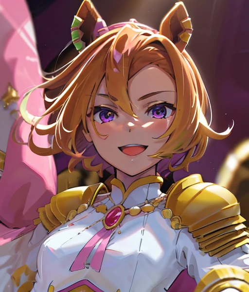 sfw,masterpiece, best quality, ultra detailed, extremely delicate and beautiful, 4K, 8k),1girl,upper body,crossed arms,light smile,open mouth,shy,beautiful detailed eyes,purple eyes,multicolored eyes,((Horse's ear)), human earles,short hair,medium small breast,(masterpiece),mini crown, ear piercing, white shirt, shoulder armor, pink cape, brooch, puffy long sleeves, jewelry, fingerless gloves, single glove, white gloves, multiple rings, corset, white skirt, pink skirt, two-tone skirt, pleated skirt, white thighhighs, zettai ryouiki, high heel boots, yellow footwear,beautiful face,beautifulgirl,smile,backlit, gold background, head tilt, smirk, parted lips, bright background, lawn,from front,
Blonde riding a horse🐴　Riding a golden horse　A golden thoroughbred is next to me　Ride the chestnut thoroughbred🐴