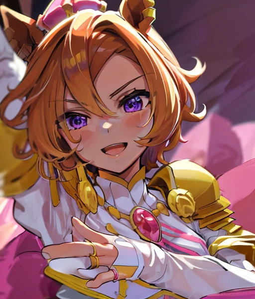 sfw,masterpiece, best quality, ultra detailed, extremely delicate and beautiful, 4K, 8k),1girl,upper body,crossed arms,light smile,open mouth,shy,beautiful detailed eyes,purple eyes,multicolored eyes,((Horse's ear)), human earles,short hair,medium small breast,(masterpiece),mini crown, ear piercing, white shirt, shoulder armor, pink cape, brooch, puffy long sleeves, jewelry, fingerless gloves, single glove, white gloves, multiple rings, corset, white skirt, pink skirt, two-tone skirt, pleated skirt, white thighhighs, zettai ryouiki, high heel boots, yellow footwear,beautiful face,beautifulgirl,smile,backlit, gold background, head tilt, smirk, parted lips, bright background, lawn,from front,
Blonde riding a horse🐴　Riding a golden horse　A golden thoroughbred is next to me　Ride the chestnut thoroughbred🐴