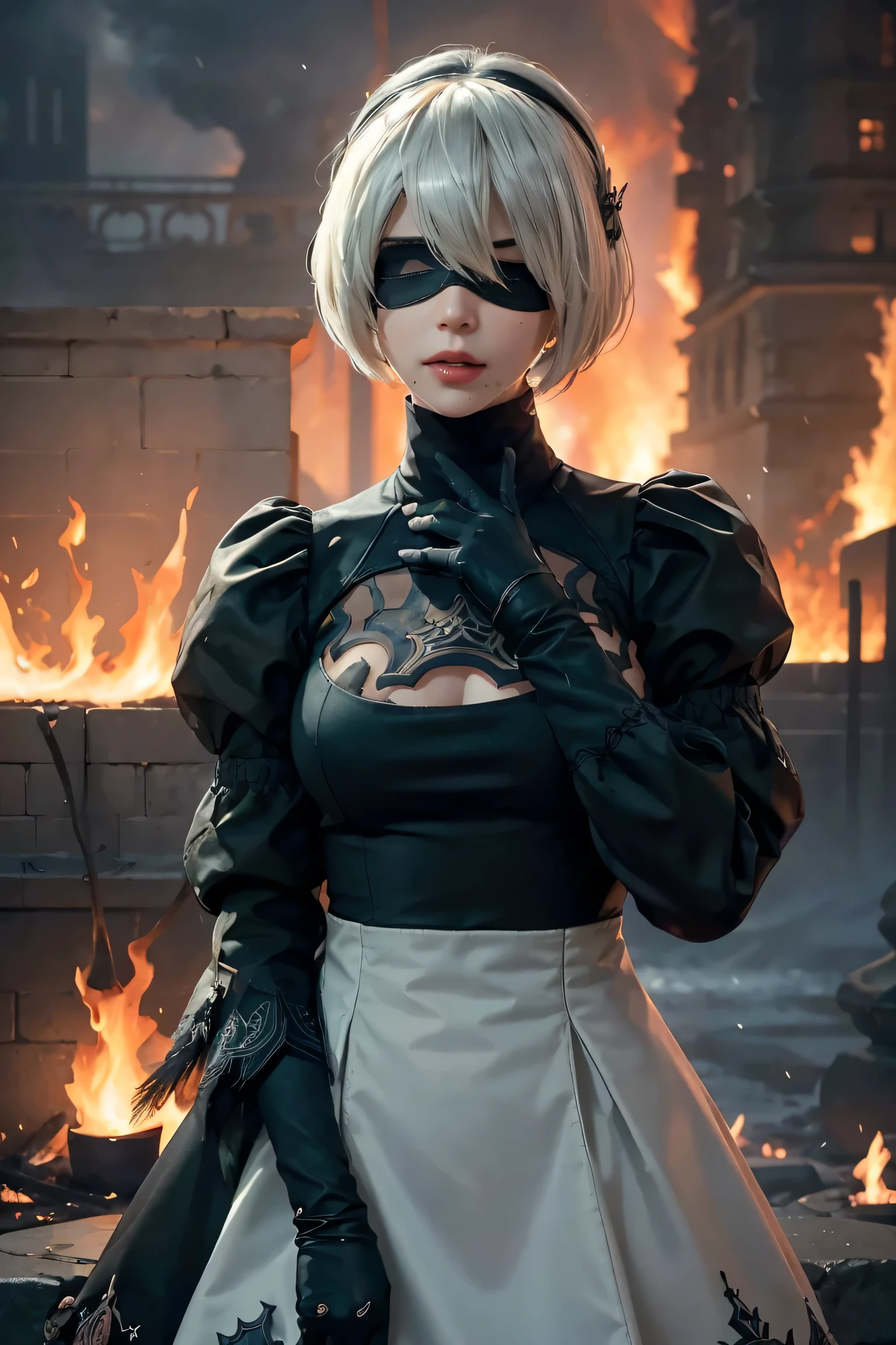 2B Nier Automata,Bobcut, Gray Hair,Black embroidered dress,Long sleeve, Juliet Sleeve, White gloves, turtleneck, bangs, Feather ornament, Feather ornament sleeves, Blindfold, Black Goth Dress,Japanese Ultra HD,super high quality,masterpiece,Digital SLR,Photorealistic,Detailed details,Vivid details,Depicted in detail,A detailed face,Detailed details,Super Detail,Realistic skin texture,Anatomical basis,Perfect Anatomy,Anatomically correct hand,Anatomically correct fingers,Complex 3D rendering,Sexy pose,Rainy Sky,Beautiful scenery,Fantastic rainy sky,(In front of a huge burning flame:1.4),Picturesque,Pink Lips,