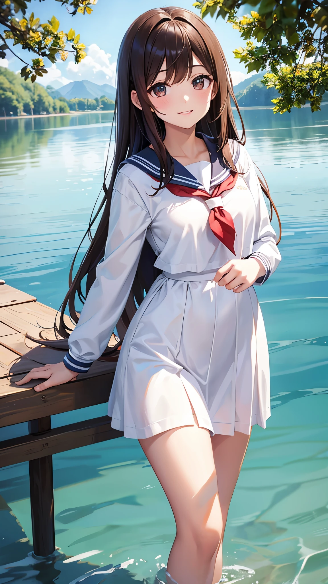 Shiny brown hair, Long Hair,((Medium Chest、amount、Center Part:1.2))、 Beautiful brown eyes、smile、Shining Eyes(fine grain)、Very beautiful eyes、High resolutionの顔, Fine grain, Cowboy Shot,Best Quality, (masterpiece:1.3), Absurd, High resolution,16k, 超High resolution, Official Art, figure,Very detailed, One Girl, Alone, whole body, 20 years old, throw, Standing, 幸せなsmile,(Sailor suit) , Outdoor, (Wonderful lake:1.5),