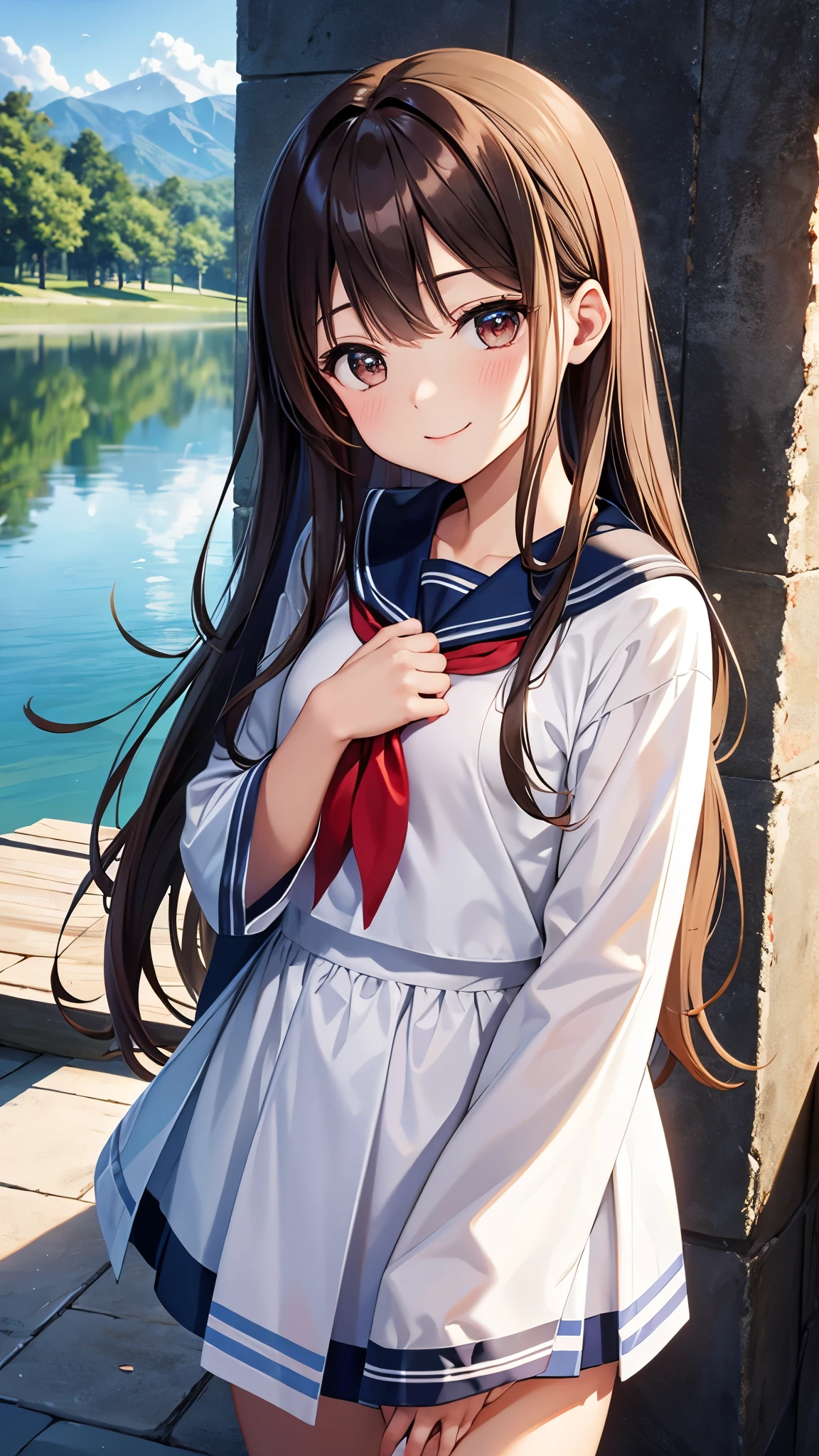Shiny brown hair, Long Hair,((Medium Chest、amount、Center Part:1.2))、 Beautiful brown eyes、smile、Shining Eyes(fine grain)、Very beautiful eyes、High resolutionの顔, Fine grain, Cowboy Shot,Best Quality, (masterpiece:1.3), Absurd, High resolution,16k, 超High resolution, Official Art, figure,Very detailed, One Girl, Alone, whole body, 20 years old, throw, Standing, 幸せなsmile,(Sailor suit) , Outdoor, (Wonderful lake:1.5),