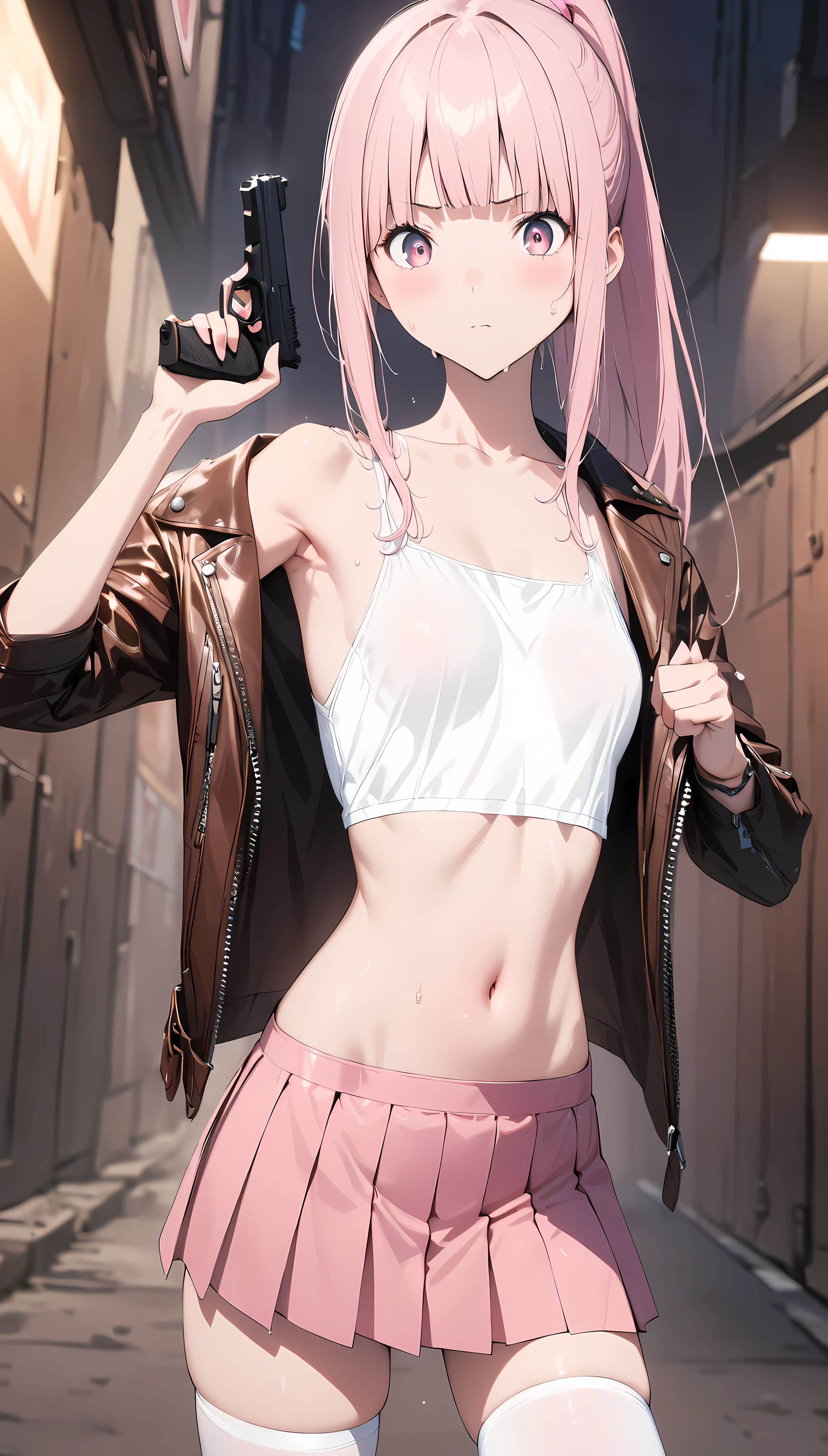 Action Visuals、((masterpiece,Best Quality:1.3,best quality illustrations)),cowboy shot,portrait,1woman,young adult,(ponytail),straight long hair,pink hair,small head,pink eyes,(gorgeous eyes),small breasts,(White tank top、Leather jacket、navel、Pleated pink mini skirt), white_thighhighs,White sneakers、slender body,toned body,sweat,(Shoot a gun、Shooting stance),Accurately depicted handgun in hand,Harbour Street、Rows of warehouses、night、Cyberpunk World、Dynamic Angle、