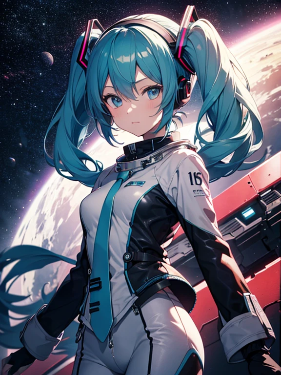 masterpiece, best quality,1girl,hatsune miku,aqua hair, aqua eyes, long hair, twintails, gradient hair, bare shoulders,black skirt,blue necktie,detached sleeves,small breasts,grey shirt,long sleeves,miniskirt,pleated skirt, thighhighs, happy,outdoors,shiny clothes,looking at viewer, space, sitting on an deserted planet, and you can see various other planets near