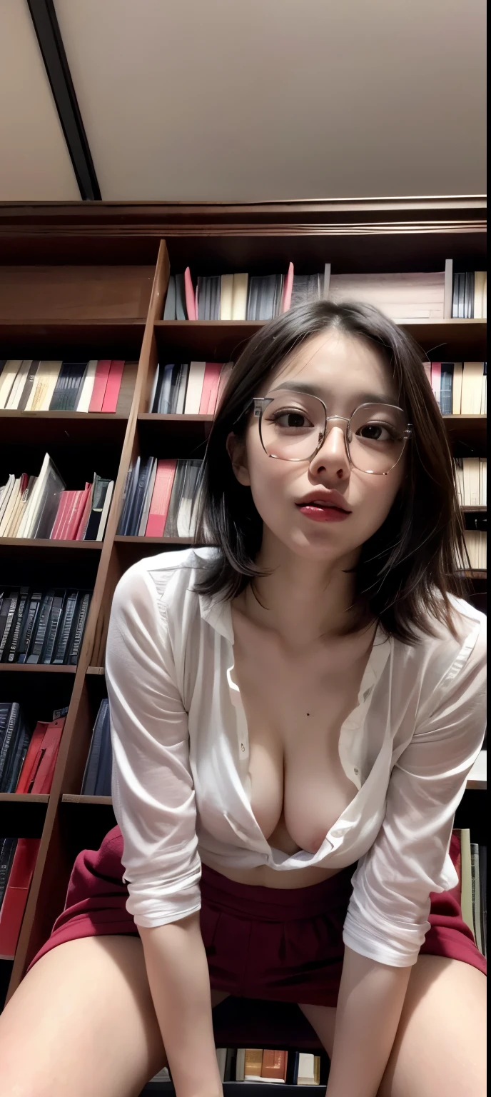 woman, (((Round face))), Library clerk, (Wear work clothes), (Long skirt), (((Transparent) White blouse)), The areola and nipple are visible, ((Showing off her naked lower body and pubic hair)), In a huge library, Bookshelf, ceiling, Nameplate, Identification card, Stylized Oil Painting Image, I have a tablet, Spread legs, Stylish glasses,　A superb beauty、痩せたwoman、２０age、華奢なwoman、Bobcut,((Crouch down, Composition from below、Kneeling))