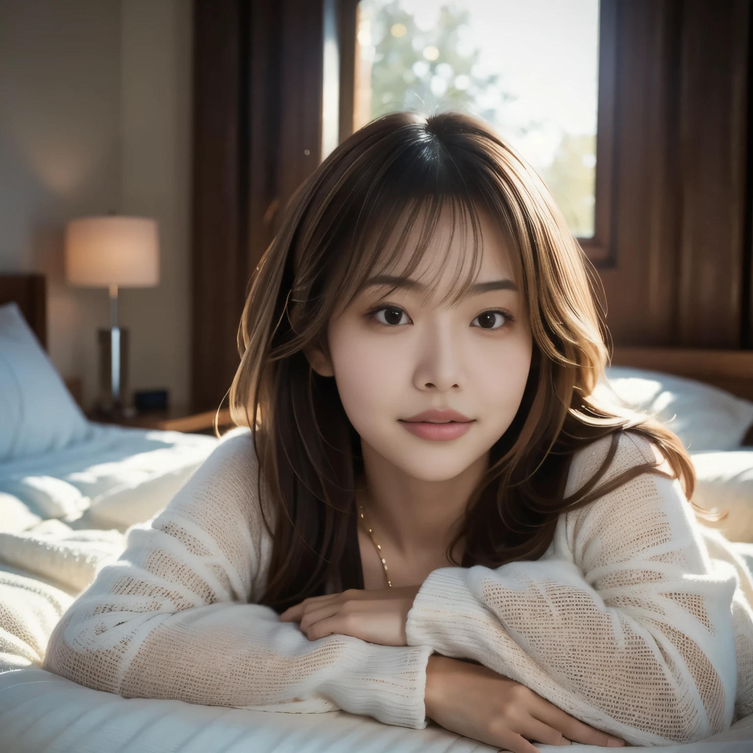 misakiai, tiny breasts, (Masterpiece: 1.3), (8k, Photorealistic, RAW Photo, Best Quality: 1.4), closeup portrait of a young woman lying peacefully on a cozy bed, soft warm light illuminating her face, natural light filtering gently through the curtains, tousled hair falling naturally around her face, wearing comfortable and soft sleepwear, wrapped in a plush blanket, her peaceful expression reflecting relaxation, warm tones creating a serene and intimate atmosphere, soft shadows adding depth, the gentle morning or evening glow softly highlighting her features, calm and tranquil mood, ultra-realistic, photorealistic, high-resolution, capturing the quiet beauty of a serene moment in a cozy bedroom
