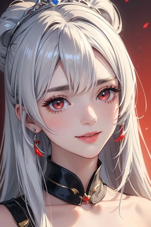 (Highest quality masterpiece:1.2), High resolution, Masterpiece、Very detailed, Realistic:1.37, Fantasy, Illustration,((Red eyes)).Queenネイビーとブルーのドレス、beautifully、Eyeshadow Red、Thick eyebrows、Long eyelashes、The pupil is black、Lips are glossy、Top Sites、Queen、Princess、A kind smile、Soft impression、people々々々々々々々Be loved、Slimming the face、Bare shoulders、ponytail、Kissing Face、(Long white hair).Shaggy Bangs、(Save face image).(Training camp)、(A kind smile)、(Background white)、(Platinum Tiara)).