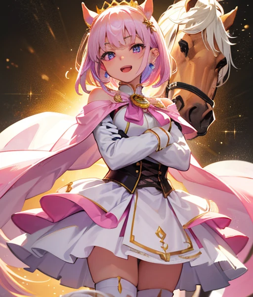 sfw,masterpiece, best quality, ultra detailed, extremely delicate and beautiful, 4K, 8k),1girl,upper body,crossed arms,light smile,open mouth,shy,beautiful detailed eyes,purple eyes,multicolored eyes,((Horse's ear)), human earles,short hair,medium small breast,(masterpiece),mini crown, ear piercing, white shirt, shoulder armor, pink cape, brooch, puffy long sleeves, jewelry, fingerless gloves, single glove, white gloves, multiple rings, corset, white skirt, pink skirt, two-tone skirt, pleated skirt, white thighhighs, zettai ryouiki, high heel boots, yellow footwear,beautiful face,beautifulgirl,smile,backlit, gold background, head tilt, smirk, parted lips, bright background, lawn,金色のThere is a horse🐎　Riding a golden horse🐴　It&#39;s autumn and the leaves are blowing wildly.🍁　Riding a blonde thoroughbred🐎　Riding a chestnut horse🐎　The cherry blossoms are turning red and the leaves are falling.🍂　There is a horse🐴