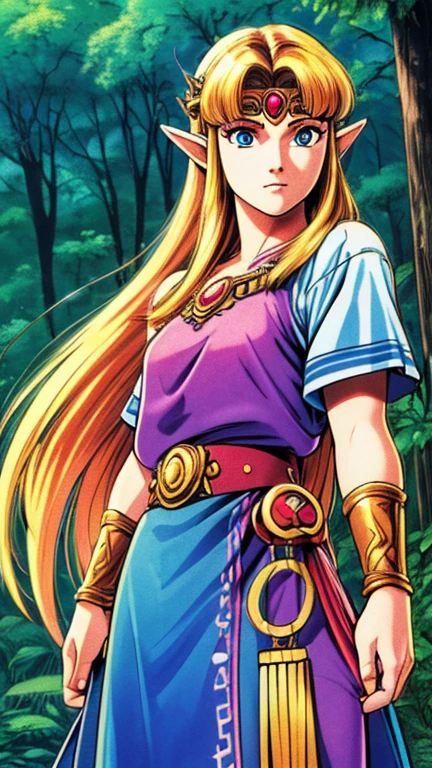 (1girl, solo, zelda-albw), (extremely detailed CG unit 8k wallpaper),(master part), (best quality), (ultra detail), (best illustration),(1980s_style), cowboy shot, (Sharp eyeliner, ombre, detailed eyes:1), forest, outdoors background, ,break, upper body, 