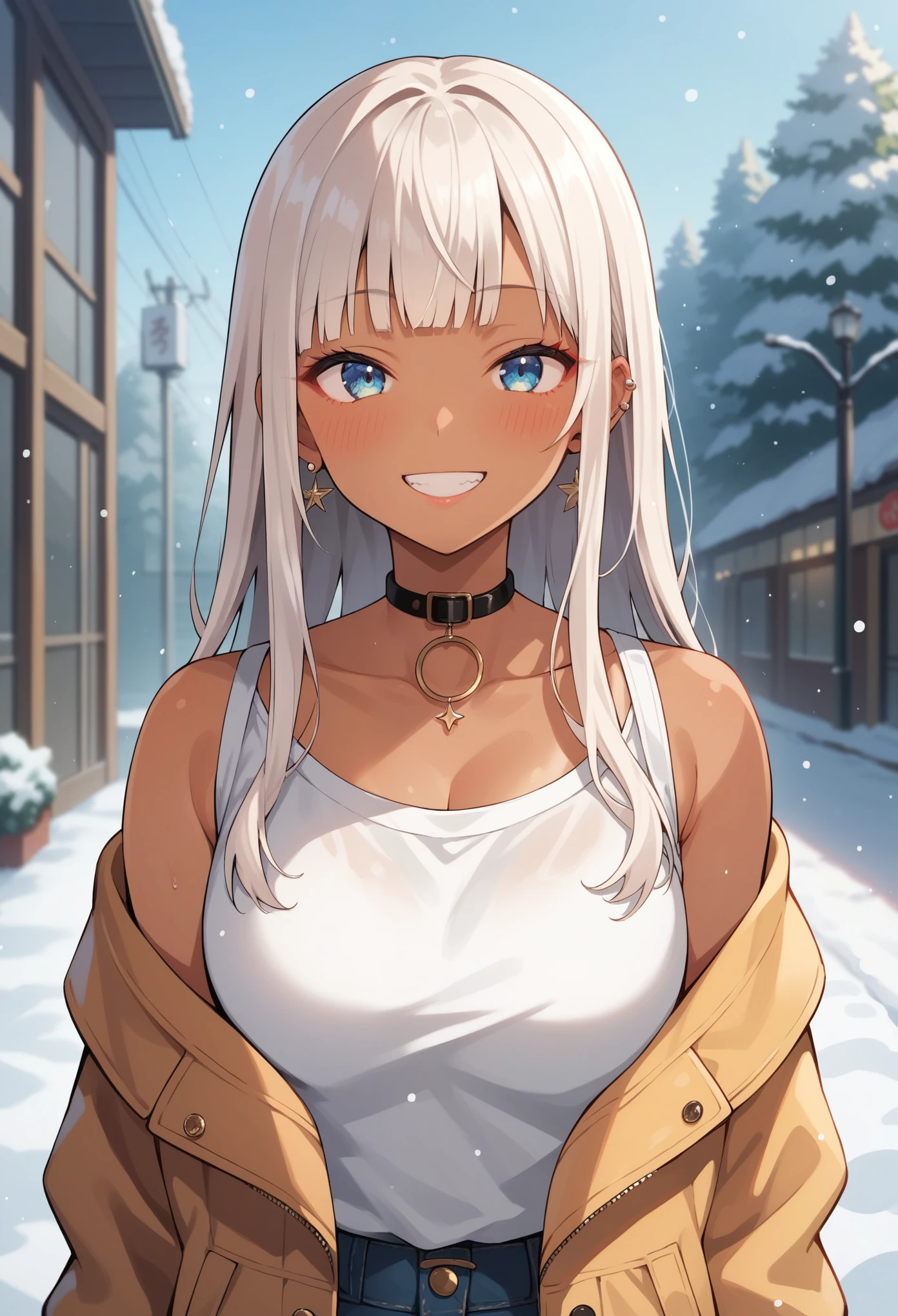 Score_9, score_8_up, score_7_up, score_6_up, source_anime, rating:general, 1girl, Gyaruu, Gyaru, tanned skin, upper body, small smile, blush, casual winter clothing, white hair, hime cut, straight bangs, light blue eyes, early twenties, snowy countryside