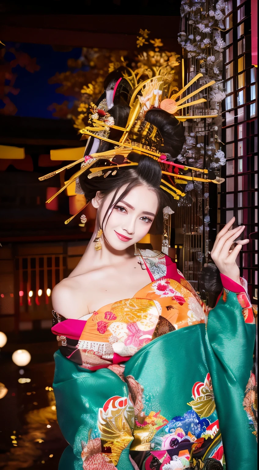 ((masterpiece(:1.4),Highest quality,Ultra-high resolution,Highest quality,8k,Extremely detailed,In detail))。night,Fireworks display,Japanese,A beautiful woman,Big Breasts,Flashy gal makeup,Oiran,Long-sleeved kimono,Uchikake,Gold brocade,Sunny clothes,Hair tying,hairpin,hair ornaments,can,Oiran road trip,Gorgeous and luxurious,(A snapshot of a riverbank at night with autumn scenery in the background, using Fireworks display),Emphasize the chest,Show your shoulderove the dress up to the shoulders,