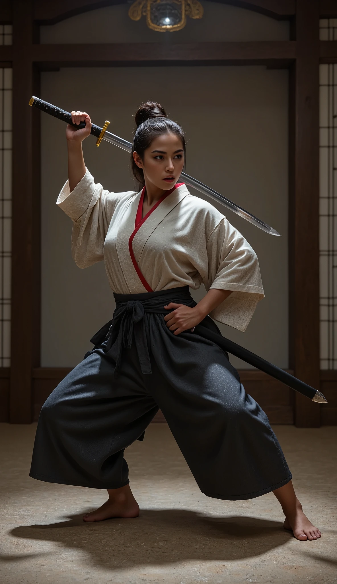 1 Japanese female samurai, solo, wearing a kimono and hakama, straw sandals, gripping a razor-sharp Japanese katana with a long, meticulously honed blade, performing an elegant sword dance, (best quality, 4k, 8k, highres, masterpiece:1.2), ultra-detailed, (realistic, photorealistic, photo-realistic:1.37), traditional japanese art, intricate details, dramatic lighting, muted color palette, cinematic composition, dynamic pose, intense focus, flowing fabric, clean lines, disciplined expression