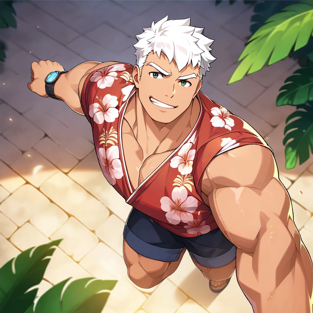 score_9, score_8_up, score_7_up, rating_explicit, source_anime, boy, white hair, pretty face, hibiscus print, clothes, flowers, stylish, smirk, masterpiece, male only, bara, amazing quality, best aesthetic, game cg, official art, wallpaper, absurdres, high-res, dynamic pose